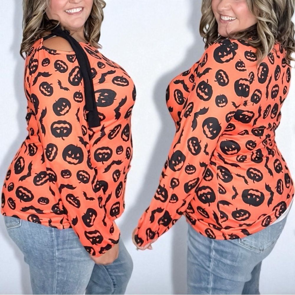 Heimish Orange Halloween Pumpkin Print One Shoulder Tie Long Sleeve T-Shirt L 🆕 - Picture 6 of 10